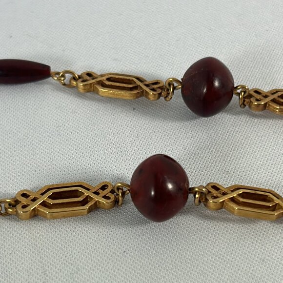 Vintage Sarah Coventry Gold Tone Brown Beaded Necklace Ornate Classic - Picture 2 of 7